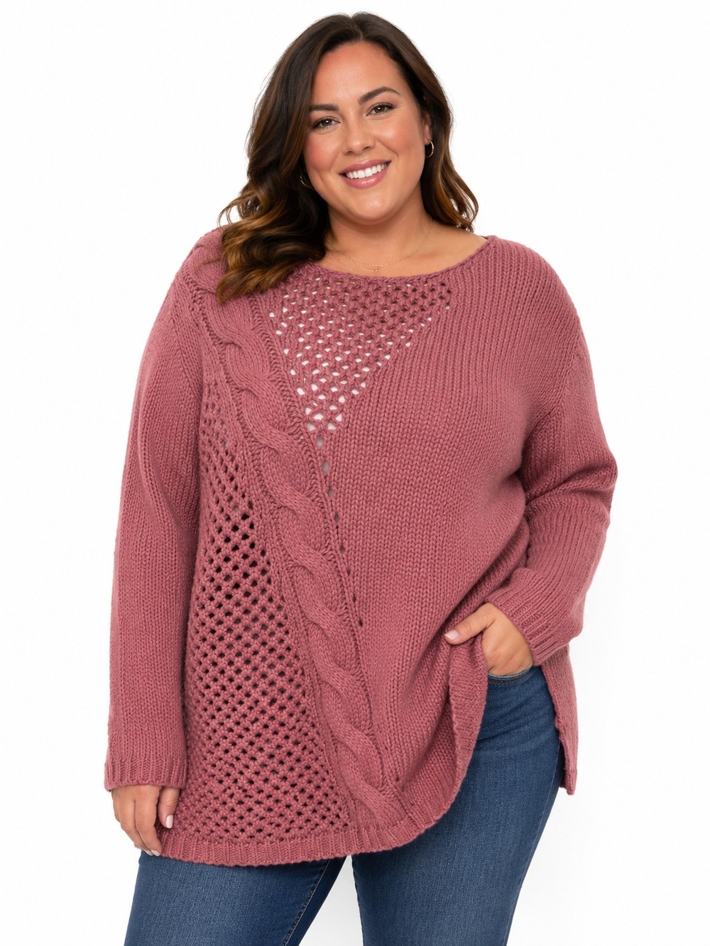 Ruff Hewn Plus-Size Openwork Cable Knit Sweater - Dusty Rose